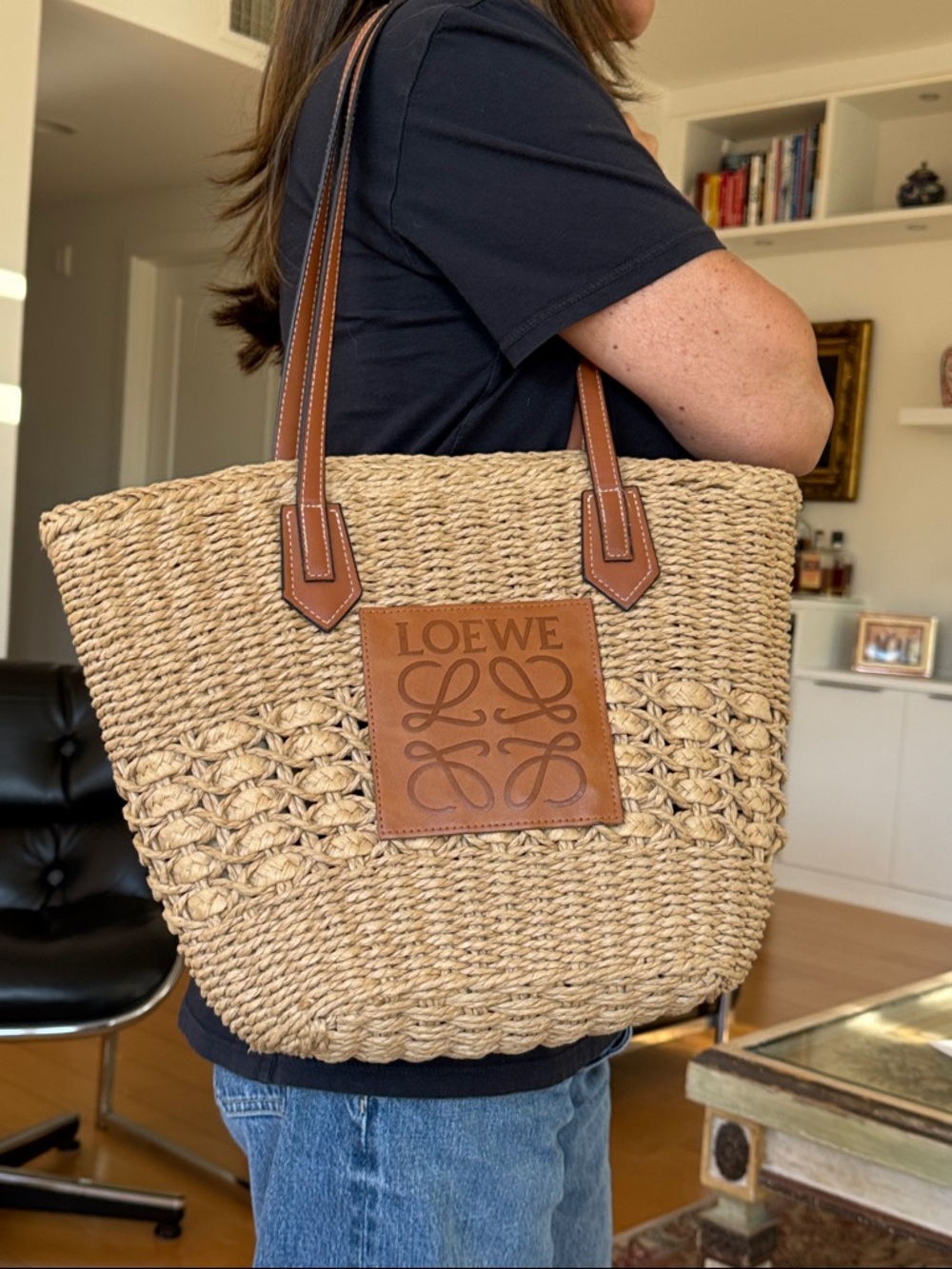 Loewe Natural Straw Tote with Tan Leather Patch and Straps